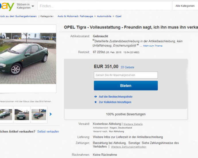 Lustige Ebay-Anzeige: Opel mit Lebensgeschichte zu kaufen